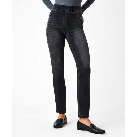 SPANX Straight Leg High Rise Pull-On Jeans in Black Size L - Picture 1 of 9